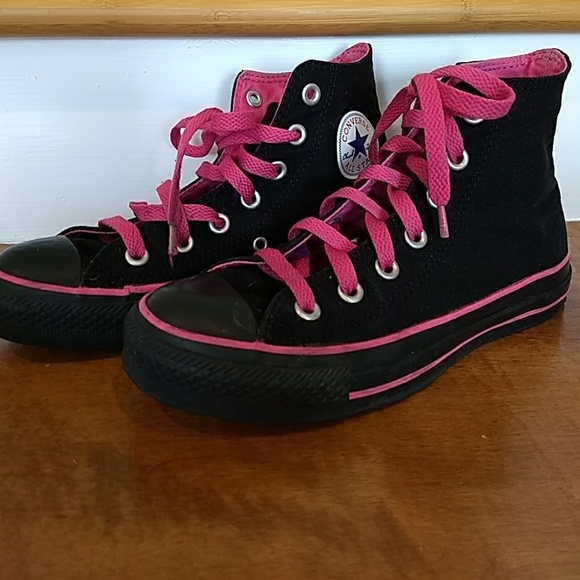 black and pink high top converse
